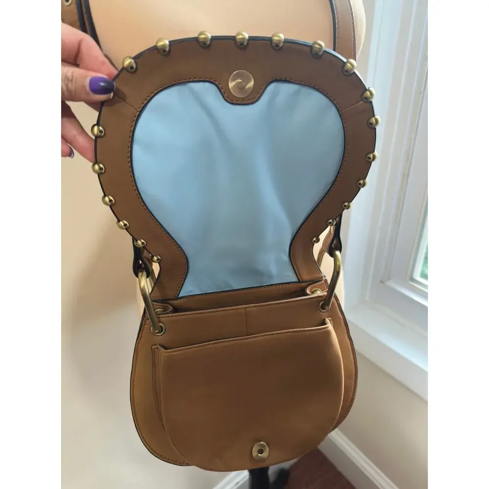 Cynthia Rowley Tabitha Studded Leather Crossbody Saddle Bag Cognac Tan Brown
